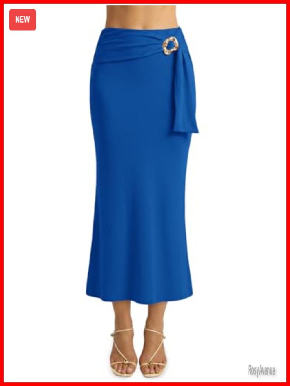 Gold Buckle Side Strap Midi Bodycon Flared Skirt Back Slit Stretch